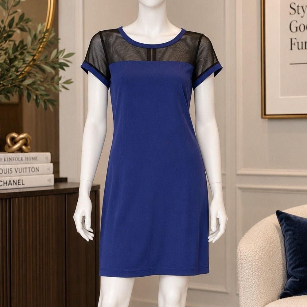 Tiana B Womens Sheath Dress Mesh Yoke Back Zipper Blue Black Medium